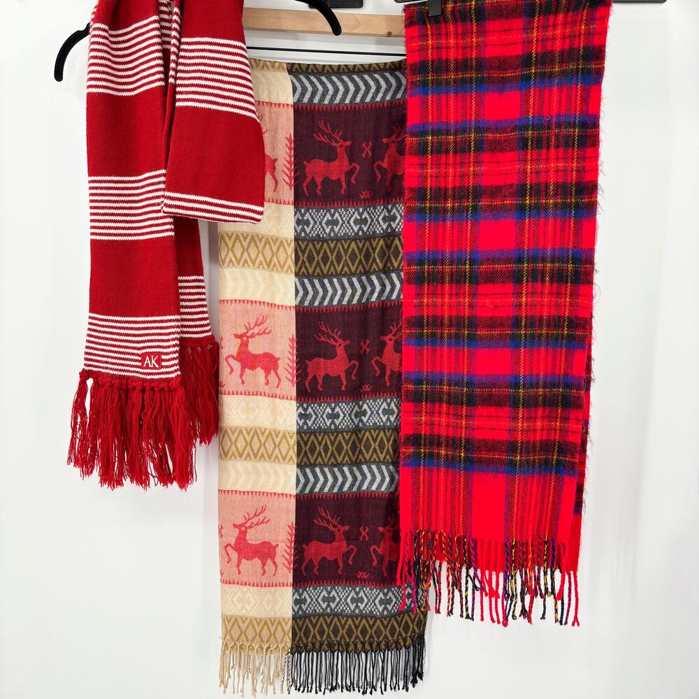 Lot of 3‎ Winter Scarves Knit Stripe Reindeer Fringe Red Plaid Fleece Acrylic